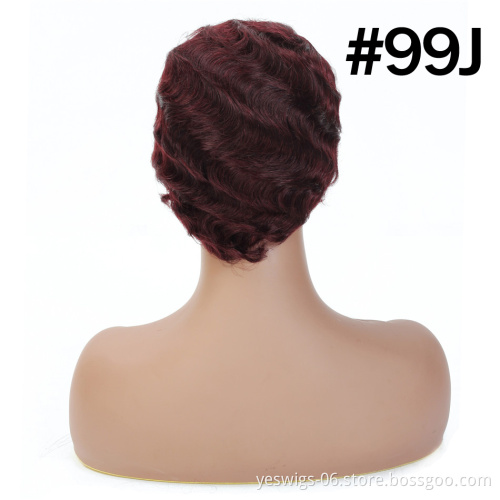 Wholesale Pixie Cut Short Human Hair Wig Finger Wave For Black Women, Raw Indian Virgin Cuticle Aligned Hair Wavy Wig Color 33#